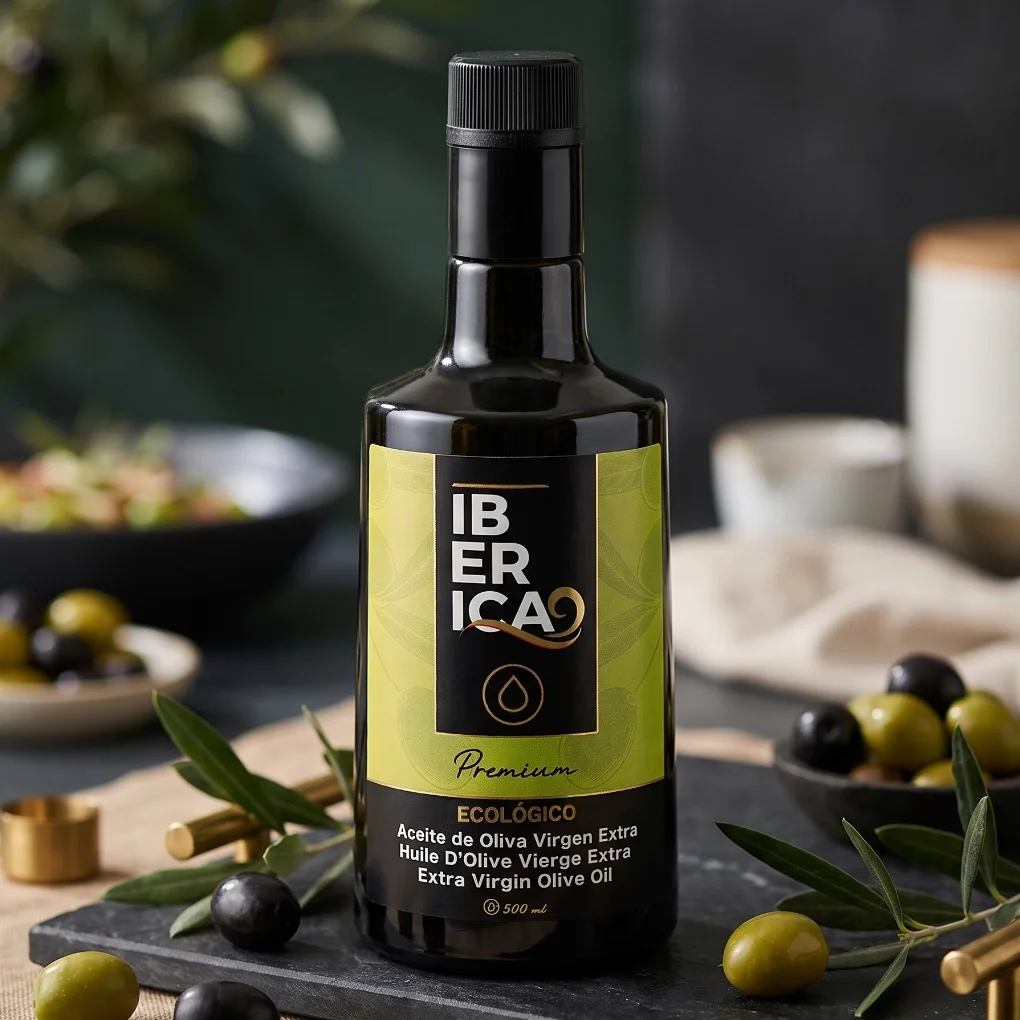 Botella de aceite de oliva virgen extra premium Iberica9 Ecológico de 500 ml sobre una mesa con ambiente mediterráneo.